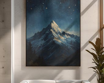 May include: A framed landscape painting depicts a snow-capped mountain under a starry night sky. The artwork, with a dark blue and white color palette, is mounted on a concrete wall above a white sofa. The scene is illuminated by natural light.