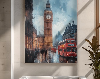 London Cityscape Canvas Print - Big Ben Double Decker Bus Wall Art - British Landmark Urban Travel Decor