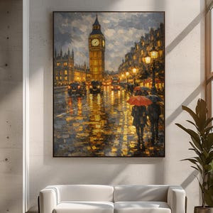 May include: A framed painting depicts a rainy street scene in London, featuring Big Ben illuminated at dusk. The artwork showcases reflections of streetlights and vehicles on the wet pavement, with figures holding umbrellas.