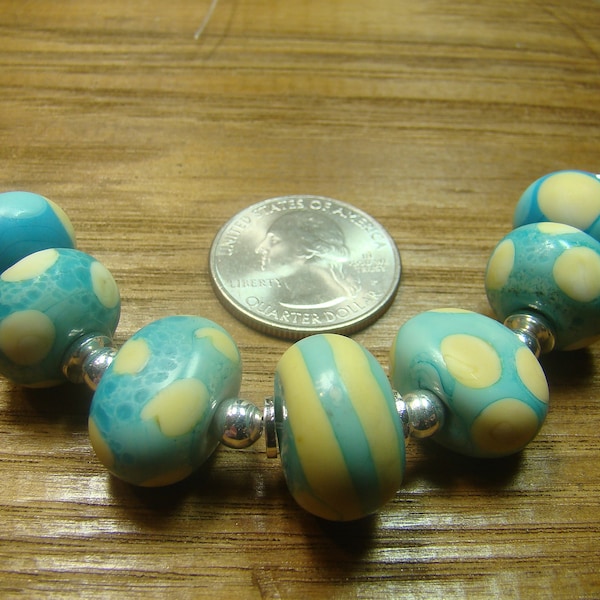 Rosiescreations Handmade Lampwork Beads  SRA  Etched Turq and Opal YellowDots