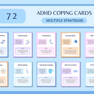 ADHD-kaarten, hulpmiddelen voor ADHD-therapie, visuele hulpmiddelen voor ADHD, omgaan met adhd-overweldiging, adhd-strategieën voor volwassenen, adhd-flashkaartbundel