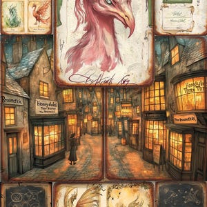 May include: A collage of fantasy art featuring a pink phoenix with a detailed head and a street scene with illuminated shop windows. Additional cards depict various phoenix illustrations and text, evoking a magical theme.