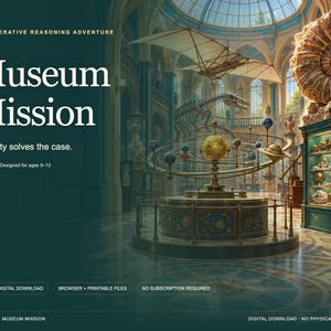 Op de afbeelding: Een digitaal spel getiteld Museum Mission: A Cooperative Reasoning Adventure. De afbeelding toont een grote museumhal met een orrery, een hangend zweefvliegtuig, een dinosaurusskelet en vitrines vol met kleurrijke kristallen.