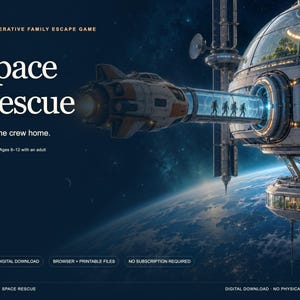 May include: A cooperative family escape game titled Space Rescue, featuring a space station orbiting Earth with a docked spacecraft and astronauts in a glass tunnel. Text includes A COOPERATIVE FAMILY ESCAPE GAME, Space Rescue, Bring the crew home, 12 puzzles - Ages 8-12 with an adult, INSTANT DIGITAL DOWNLOAD, BROWSER + PRINTABLE FILES, NO SUBSCRIPTION REQUIRED, ETZYNEST - SPACE RESCUE, and DIGITAL DOWNLOAD - NO PHYSICAL ITEM - 1/8.