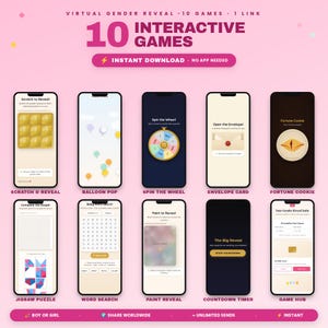 May include: A pink graphic with the text "VIRTUAL GENDER REVEAL 10 GAMES 1 LINK" and "10 INTERACTIVE GAMES." The image shows 10 different phone screens with interactive games, including "Scratch & Reveal" and "Balloon Pop."