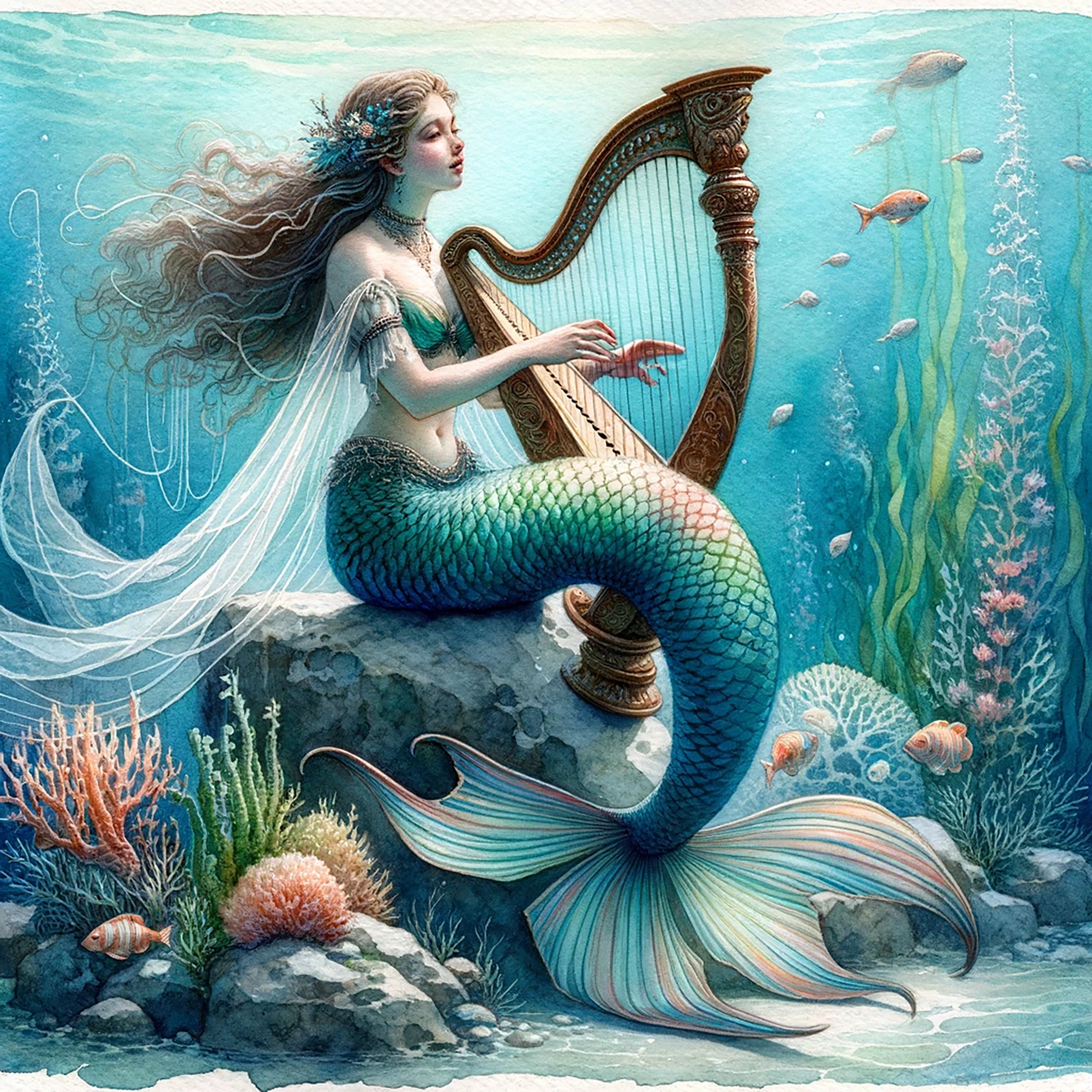 Mermaid Playing Harp - Etsy
