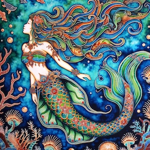 May include: A colorful mermaid with long flowing hair and a detailed, green, blue, and gold fishtail. The mermaid is surrounded by a blue and green underwater scene with coral and other sea life.