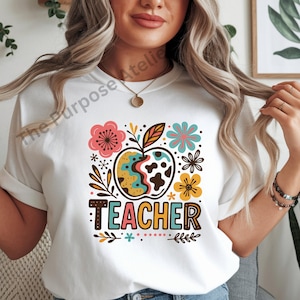 Boho Floral Teacher PNG, Back To School Png, Teacher Sublimation Design, First Day of School Png, Preppy Png. Retro Teacher Tshirt Design