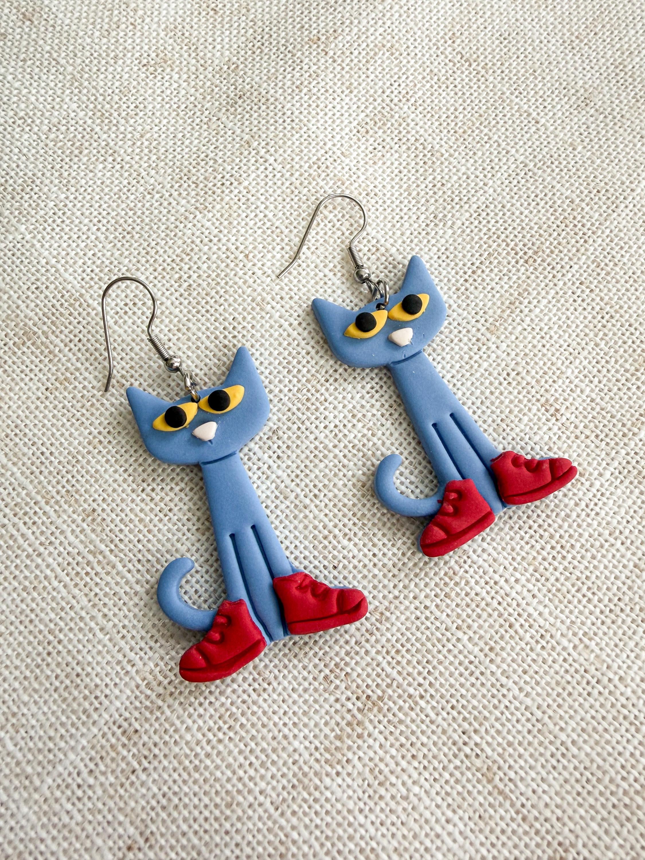 Blue Cat Book Earrings Character Polymer Clay Dangles Book Lover Teacher Gift