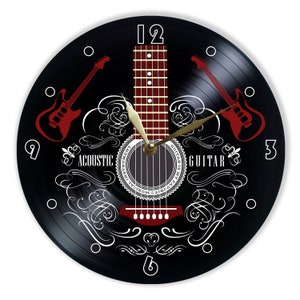 Guitar Wall Clock Painted 12&quot; made out of Vintage Vinyl Record,  Guitar Wall Decor, Modern Wall Decor, Idea Home Decor, Awesome Gift
