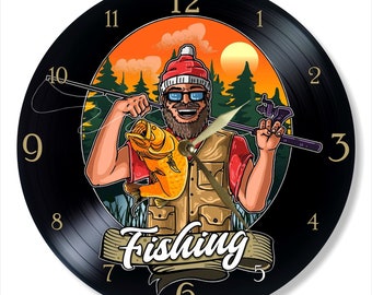 Fishing Vinyl Record Wall Clock: Unique Home Decor Gift (12 inch)