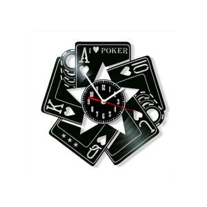 May include: A wall clock crafted from a black vinyl record, featuring a star-shaped cutout layered over playing cards including an Ace with the text A I LOVE POKER, a King, a Queen, and a Jack. The clock face is circular with white numbers.