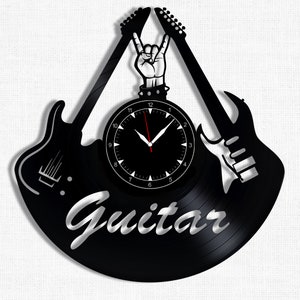 Guitar Wall Clock 12&quot; made out of Vintage Vinyl Record, Modern Wall Decor, Idea Home Decor, Awesome Gift