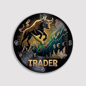 May include: A round wall clock featuring a black vinyl record design with a gold bull illustration, financial stock market candlestick charts, currency symbols including dollar, euro, and pound, and the word TRADER printed in gold at the bottom.