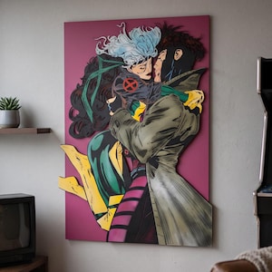 May include: A multi-layered wall art piece featuring a comic book illustration of two characters embracing. One character has long dark hair with a white streak, wearing a black and yellow suit. The other wears a long tan trench coat and dark mask.