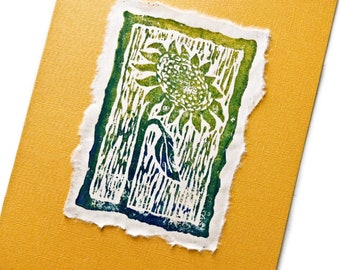 Hand Pulled Sunflower Linocut Print, Golden Ink, Original Art