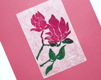 Pink Magnolia Linocut Art, Hand Pulled Block Print Branch Original Art