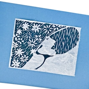 Mother Nature LinoCut, Lady in Floral Hat Blockprint, Blue Mother Nature Art, Woman in Sun Hat with Flowers Original Hand Pulled Lino Print