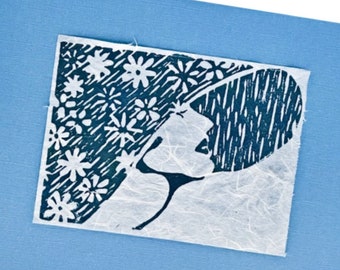 Mother Nature Lino Block Print, Woman in Floral Hat, Blue Art