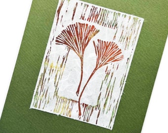 Ginkgo Leaf Linocut Print, Original Hand-Pulled Art on Handmade Paper