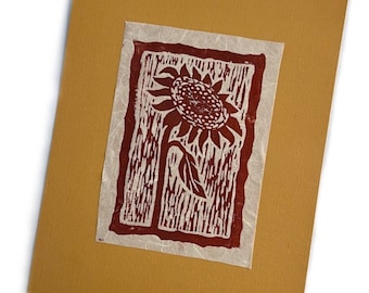 Hand Pulled Sunflower LinoCut Print, Golden Brown Ink