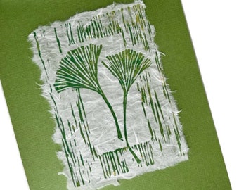 Ginkgo Leaves Linocut Print, Spring Green Ink on Mulberry Paper