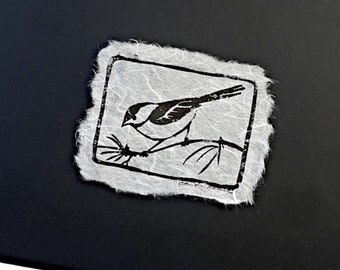 Chickadee LinoCut Block Print, Original Black & White Art
