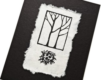 Original Lino Block Print, Bare Trees Nest Art, Black White Nature Paper