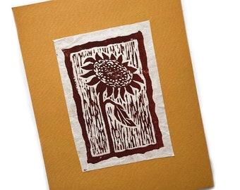 Sunflower LinoCut, Sunflower Blockprint, Original Golden Brown Sunflower Art, Original Hand Pulled Lino Block Print Sun Flower Art