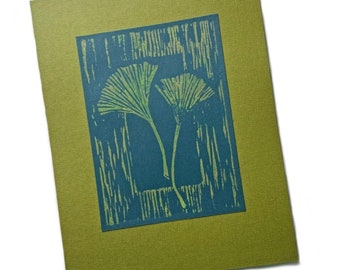 Ginkgo Leaves LinoCut, Gingko Blockprint, Original Blue Green Ginkgo Art, Green Ginkgo Leaves Hand Pulled Lino Block Print, Ginkgo Art