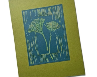Ginkgo Blätter LinoCut, Gingko Blockdruck, Original Blau Grüner Ginkgo Druck, Grüne Ginkgo Blätter Handgezogener Linoldruck, Ginkgo Kunst