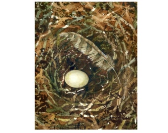 Feather and Egg Nest Art Print, Signed Nature Painting Print (8x10)