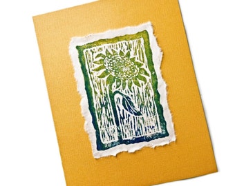 Sunflower LinoCut, Sunflower Blockprint, Original Golden Sunflower Art, Original Hand Pulled Lino Block Print Sun Flower Art