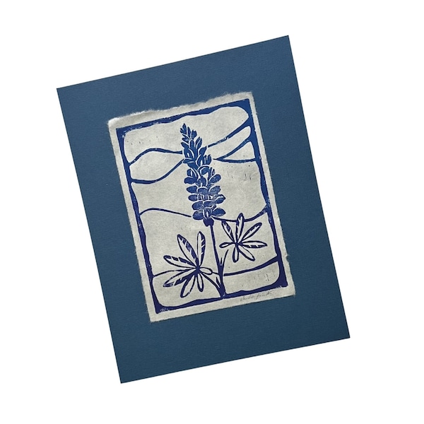 Lupine LinoCut, Lupine Blockprint, Original Blue Lupine Art,Blue Lupine Original Hand Pulled Lino Block Print, Lupine Art