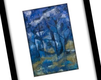 Enchanted Forest Original Watercolor Painting, Abstract Night Sky Landscape Art