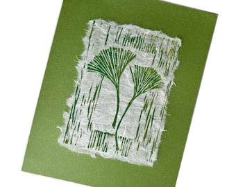 Ginkgo Leaves LinoCut, Gingko Blockprint, Original Spring Green Ginkgo Art, Green Ginkgo Leaves Hand Pulled Lino Block Print, Ginkgo Art