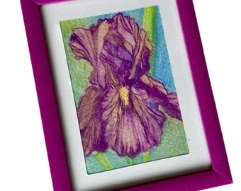 Framed Purple Iris Drawing, Original Colored Pencil Art