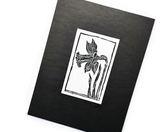 Daffodil LinoCut, Daffodil Blockprint, Original Daffodil Art, Black White Daffodil Art, Daffodil Original Hand Pulled Lino Block Print