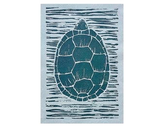 Turtle LinoCut, Mounted Blockprint, Original Turtle Art, Purple Blue Turtle Block Print, Blue Green Gray Turtle Linoleum Block Print