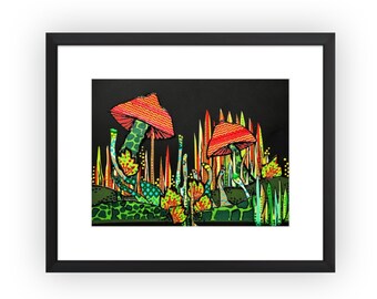 Kosmische Pilze Original Mixed Media Collage, Mischtechnik Kosmische Pilzcollage Schwarz Grün Orange Pilze Kunst, Original Pilz Kunst