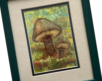 Framed Mushroom Watercolor Painting, Original Woodland Art (9x11 inches)