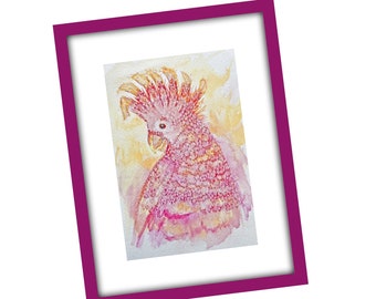 Original Watercolor Bird Painting, Unframed Watercolor and Ink Painting, Peach & Pink Colored Bird Painting Titled LOVE BIRD TWO