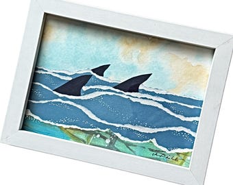Framed Shark Dolphin Art, Ocean Art Collage, Mixed Media Dolphin Shark Art