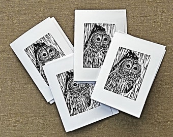 Set of Owl Note Cards, Blank Card Set, Owl Block Print Art Note Cards, Barred Owl Blank Card Set of FOUR, Art from Original Block Prints