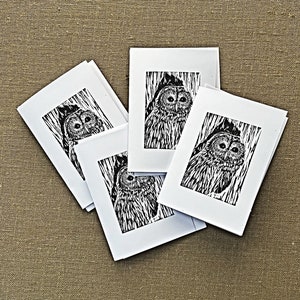 Set of Owl Note Cards, Blank Card Set, Owl Block Print Art Note Cards, Barred Owl Blank Card Set of FOUR, Art from Original Block Prints image 1