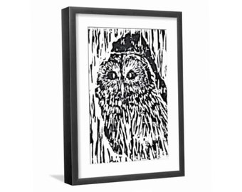 Owl LinoCut, Barred Owl Blockprint, Original Owl Art, Barred Owl Block Print, Black Barred Owl Linoleum Block Print, Original Owl Art Print