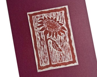 Sunflower Linocut Print, Golden Brown Ink, Handmade Paper Art
