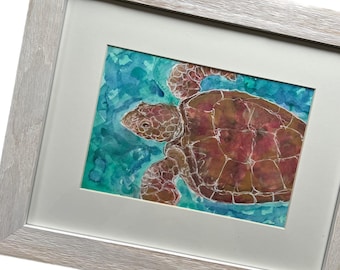 Gerahmte Meeresschildkröte Aquarell Malerei, Original Meeresschildkröte Kunst