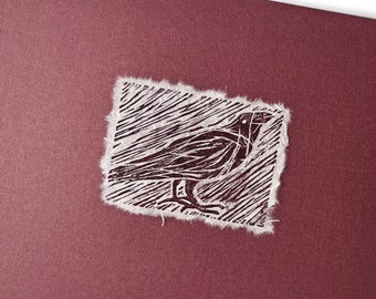 Crow LinoCut, Crow Blockprint, Original Crow Raven Art, Dart Brown Crow Art, Crow Original Hand Pulled Lino Block Print