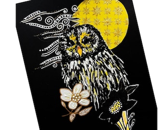 Barred Owl Original Mixed Media Collage, Mixed Media Owl Collage Black Yellow White Owl Art, Original Owl Art